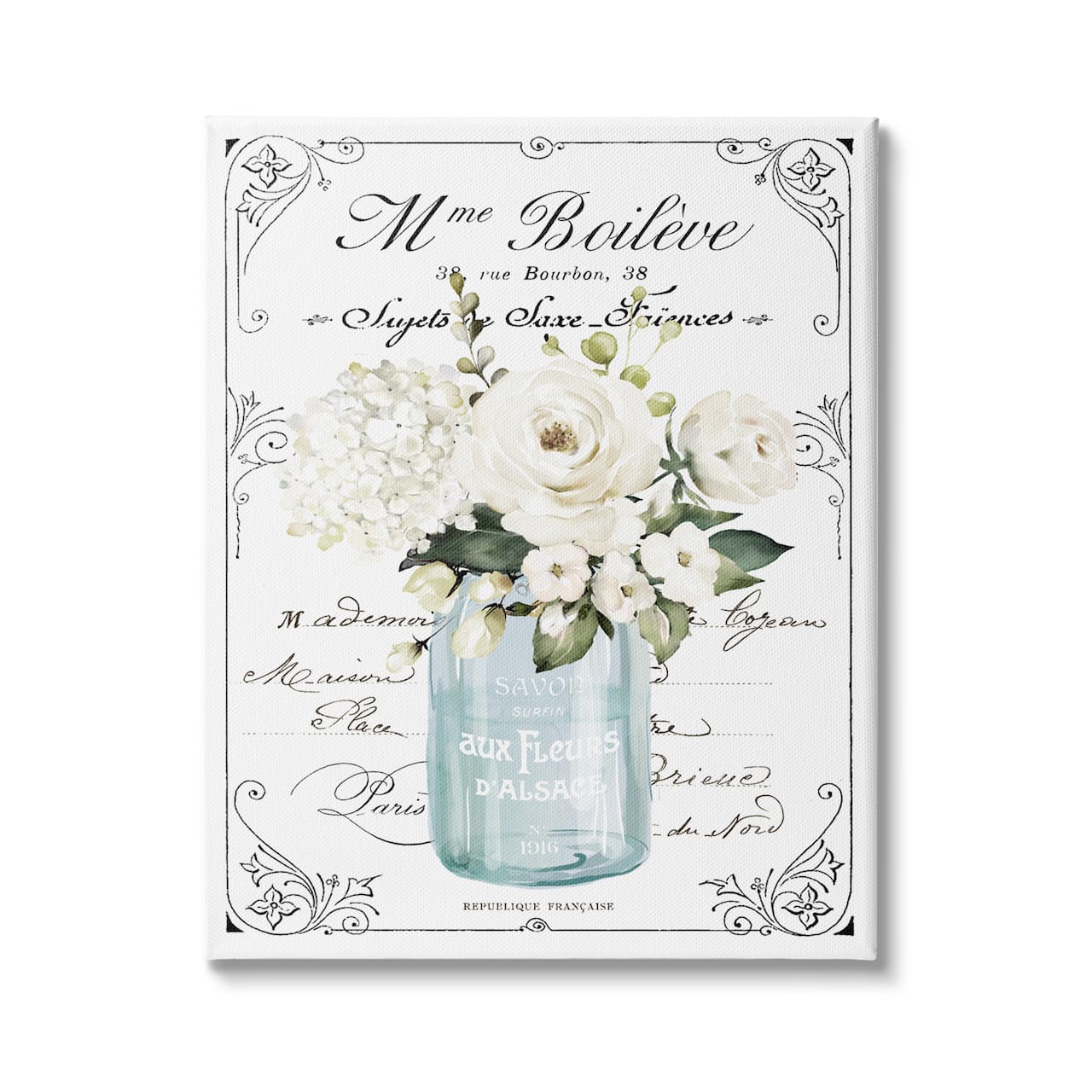 Stupell Industries Vintage Parisian Floral Bouquet White Farmhouse Flowers Canvas Wall Art